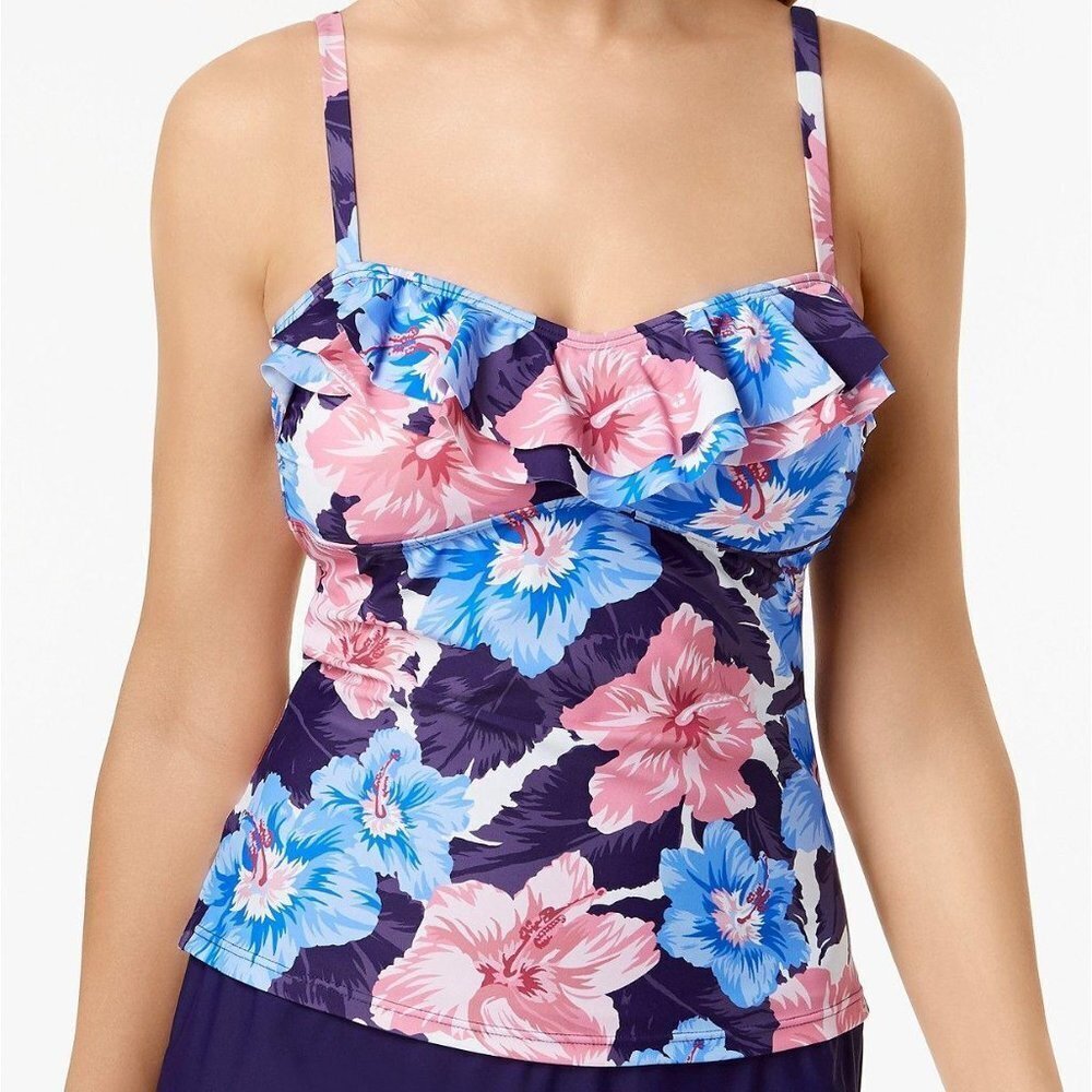 NWT Island Escape Tahiti Bandini Ruffled Tankini 6 Swimsuit Top Padded